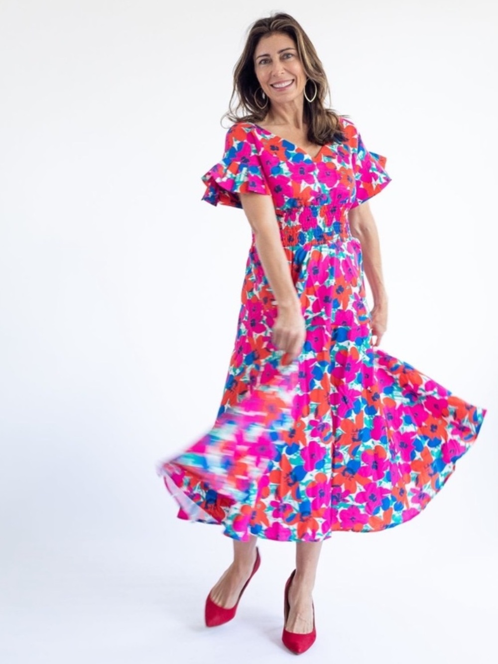 NWOT Lili Sidonio Molly Bracken Retro Smocked Fushia Floral Print Dress Size S - Picture 4 of 13